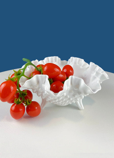 Milk Glass Hobnail Footed Bowl with Ruffled Edge. Collectible Compote on 3 Feet. White Serving Dish. Dining Room Decor. Table Centerpiece.