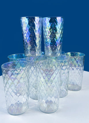 Fostoria Needle-Etched Cloverleaf Crystal Set of 9 Water Juice Liqueur Tumblers with Matching Decanter Carafe. Dining Barware LibraryDisplay