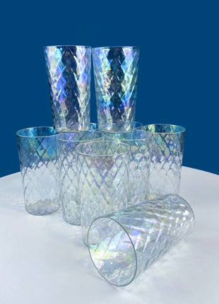 Fostoria Needle-Etched Cloverleaf Crystal Set of 9 Water Juice Liqueur Tumblers with Matching Decanter Carafe. Dining Barware LibraryDisplay