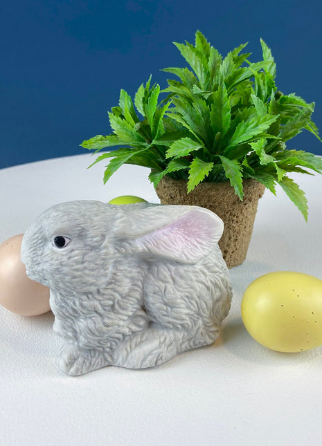 Cute Porcelain Gray Bunny with Pink Ears. Rabbit Figurine for Kids Room, Easter Spring Celebration. Dining Rm Display. Collectible Statuette