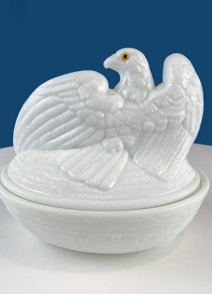 Westmoreland Milk Glass Eagle with Babies. Large White Bird On Nest Bowl. Cookie Jar with Lid. Storage Dish for Trinkets or Bath Accessories