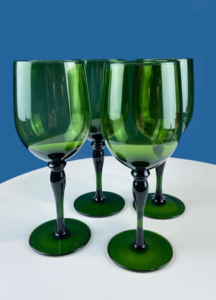 Stunning Green Wine Goblets. Set of Four Stemware. Dark Green Hand Blown Glasses. Elegant Dining Room Decor. Unique Barware. Wedding Gift.