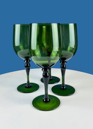 Stunning Green Wine Goblets. Set of Four Stemware. Dark Green Hand Blown Glasses. Elegant Dining Room Decor. Unique Barware. Wedding Gift.