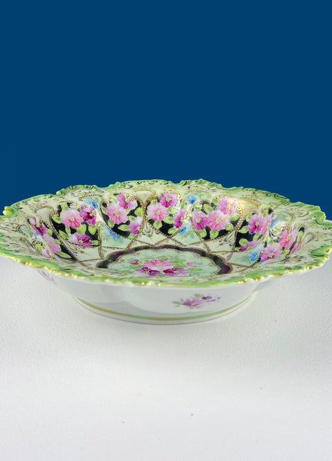 Stunning Antique Hand Painted Porcelain Bowl. Centerpiece Dish with Scalloped Edges. Gold Framework & Flowers. Dining Room Decor.