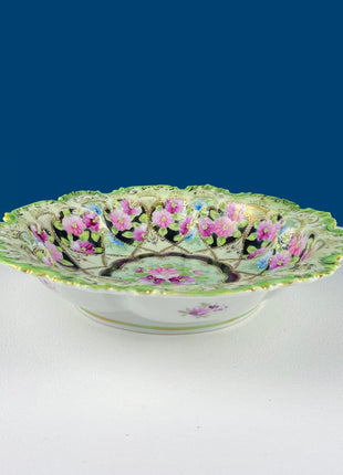Antique Nippon Porcelain Bowl. Centerpiece Dish with Scalloped Edges Gold Framework & Hand Painted Flowers. Dining Room Decor.