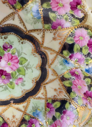 Antique Nippon Porcelain Bowl. Centerpiece Dish with Scalloped Edges Gold Framework & Hand Painted Flowers. Dining Room Decor.