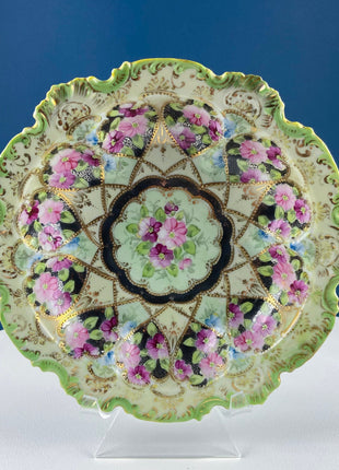 Antique Nippon Porcelain Bowl. Centerpiece Dish with Scalloped Edges Gold Framework & Hand Painted Flowers. Dining Room Decor.