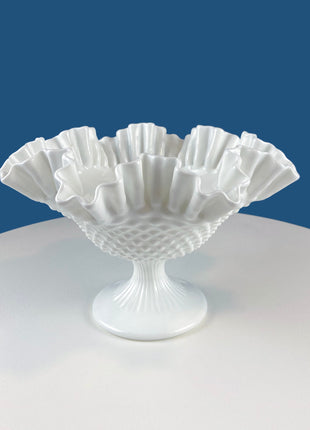 Milk Glass Hobnail Footed Bowl with Ruffled Edge. Collectible Compote on 3 Feet. White Serving Dish. Dining Room Decor. Table Centerpiece.