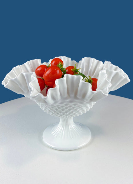 Fenton Milk Glass Hobnail Footed Bowl with Ruffled Edge. Collectible Compote. White Serving Dish. Dining Room Decor. Table Centerpiece.