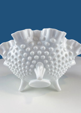 Milk Glass Hobnail Footed Bowl with Ruffled Edge. Collectible Compote on 3 Feet. White Serving Dish. Dining Room Decor. Table Centerpiece.