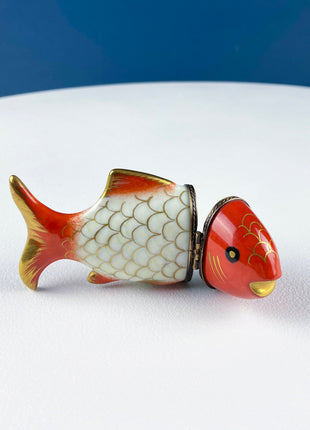 Koi Limoges Box with Sail Boat Clasp. Highly Collectible Porcelain Pill or Trinket Box. Gift for Him, Dad, or Fisherman. Gift for Her.