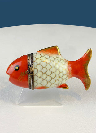 Koi Limoges Box with Sail Boat Clasp. Highly Collectible Porcelain Pill or Trinket Box. Gift for Him, Dad, or Fisherman. Gift for Her.