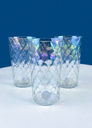 Fostoria Needle-Etched Cloverleaf Crystal Set of 9 Water Juice Liqueur Tumblers with Matching Decanter Carafe. Dining Barware LibraryDisplay