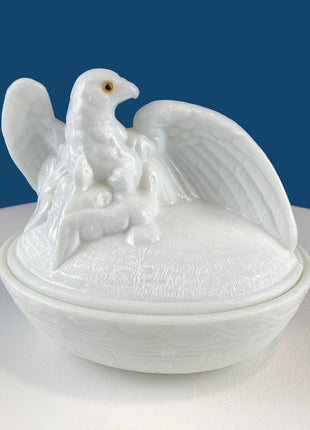 Westmoreland Milk Glass Eagle with Babies. Large White Bird On Nest Bowl. Cookie Jar with Lid. Storage Dish for Trinkets or Bath Accessories