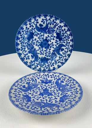 Collection of 5 Asian Blue White Tableware. 5 Salad or Dessert 6" Plates with Phoenix Motif. Dining Room Decor. Ecclectic Home.