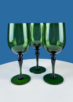 Stunning Green Wine Goblets. Set of Four Stemware. Dark Green Hand Blown Glasses. Elegant Dining Room Decor. Unique Barware. Wedding Gift.