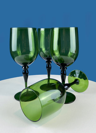 Stunning Green Wine Goblets. Set of Four Stemware. Dark Green Hand Blown Glasses. Elegant Dining Room Decor. Unique Barware. Wedding Gift.