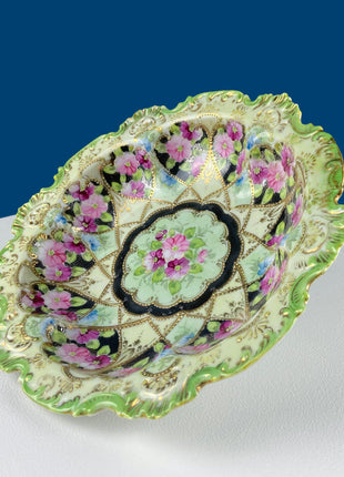 Antique Nippon Porcelain Bowl. Centerpiece Dish with Scalloped Edges Gold Framework & Hand Painted Flowers. Dining Room Decor.