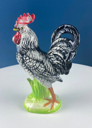 Vintage Chalkware Rooster & Hen. Black White Hand Painted Pair of Bird Figurines. Collectible Statuettes. Modern Country.