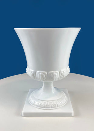 Vintage 7" Milk Glass Urn or Compote Pedestal with Greek Key & Wheat Motif. White Footed E.O Brody Planter. Herb Garden. Dining Room Decor.