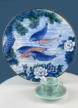 Stunning 16" Platter Handpainted with Koi Fish, Evergreens & Peonies. Made in Japan. Collectible Art Plate. Home Decor. Gift for Him or Her.