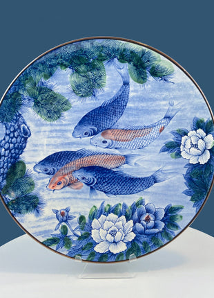 Stunning 16" Platter Handpainted with Koi Fish, Evergreens & Peonies. Made in Japan. Collectible Art Plate. Home Decor. Gift for Him or Her.