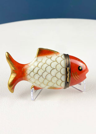 Koi Limoges Box with Sail Boat Clasp. Highly Collectible Porcelain Pill or Trinket Box. Gift for Him, Dad, or Fisherman. Gift for Her.