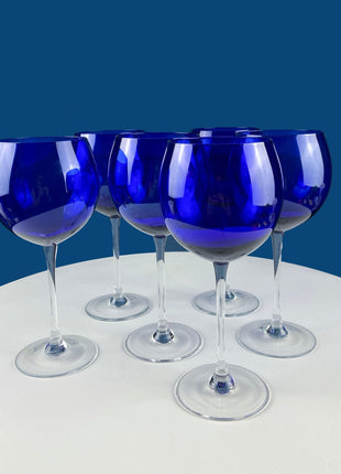 Cobalt Blue Crystal Wine Goblets with Clear Stems. Stunning Smooth Minimal Glasses with Tall Stems. Set of 6 Stemware. Dining Room Decor.