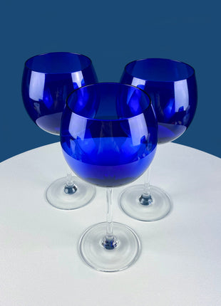 Cobalt Blue Crystal Wine Goblets with Clear Stems. Stunning Smooth Minimal Glasses with Tall Stems. Set of 6 Stemware. Dining Room Decor.