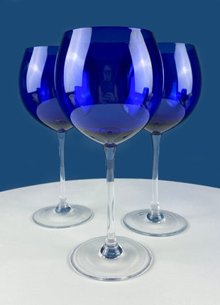 Cobalt Blue Crystal Wine Goblets with Clear Stems. Stunning Smooth Minimal Glasses with Tall Stems. Set of 6 Stemware. Dining Room Decor.