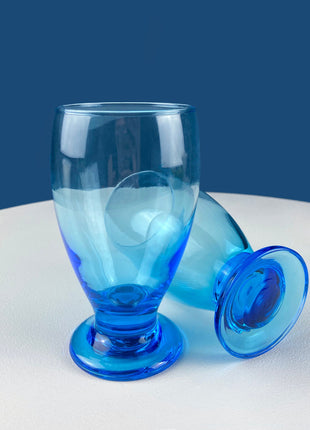 Modern Topaz Stemmed Tumblers. Set of Six Footed Juice Glasses. Blue Kitchen Decor. Dining Room Decor. Collectible Glasses. Wedding Gift.