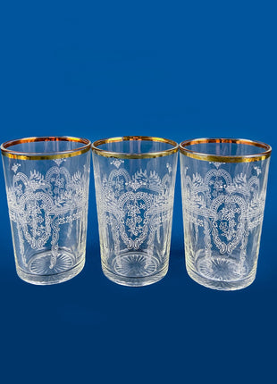 Vintage Etched Tumblers with Gold Rim. 5oz Collectible Juice Glasses. Set of 6. Dining Room Decor. Wedding Registry. Gift for Him Her.