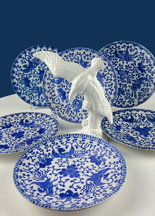 Collection of 5 Asian Blue White Tableware. 5 Salad or Dessert 6" Plates with Phoenix Motif. Dining Room Decor. Ecclectic Home.