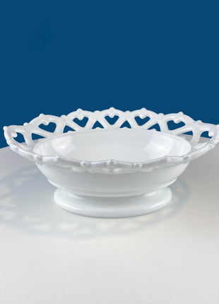 Vintage Milk Glass Serving Bowl with Fluted Sides and Reticulated Edge. White Dish with Lacey Edge. Home Kitchen Dining Table Decor.