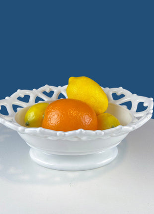 Vintage Milk Glass Serving Bowl with Fluted Sides and Reticulated Edge. White Dish with Lacey Edge. Home Kitchen Dining Table Decor.