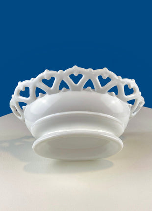 Vintage Milk Glass Serving Bowl with Fluted Sides and Reticulated Edge. White Dish with Lacey Edge. Home Kitchen Dining Table Decor.