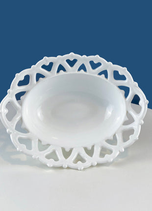 Vintage Milk Glass Serving Bowl with Fluted Sides and Reticulated Edge. White Dish with Lacey Edge. Home Kitchen Dining Table Decor.