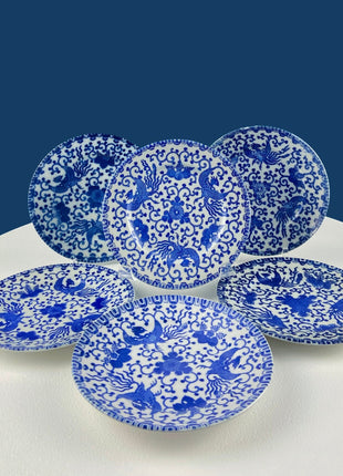 Collection of 5 Asian Blue White Tableware. 5 Salad or Dessert 6" Plates with Phoenix Motif. Dining Room Decor. Ecclectic Home.