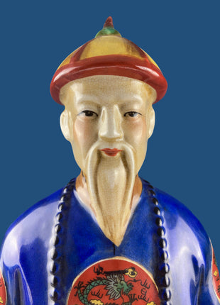 Large Vintage Chinese Figure of Qing Scholar of Calligraphy. Republic Period Crackle Glazed Ceramic Statuette. Asian Home Decor.