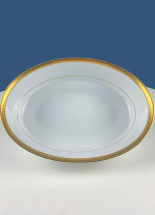 White Porcelain Oval Serving Bowl with Embossed Gold Band. Wedding Band China. Contemporary Noritake Queen's Gold. Dining Room Decor.