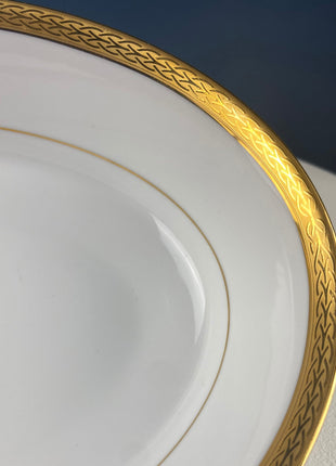 White Porcelain Oval Serving Bowl with Embossed Gold Band. Wedding Band China. Contemporary Noritake Queen's Gold. Dining Room Decor.