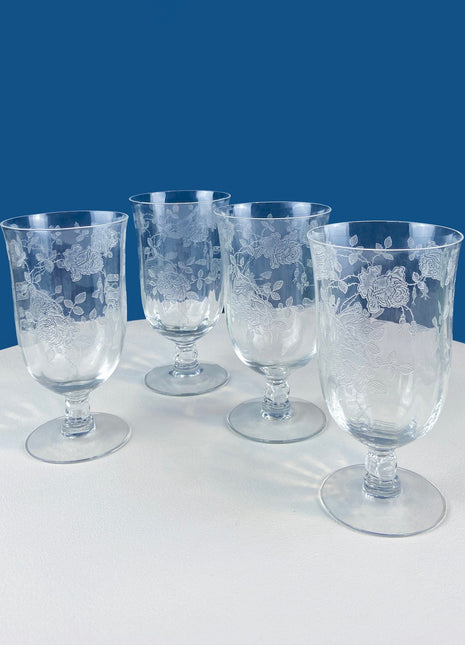 Vintage Fostoria Willowmere Etched Crystal Iced Tea Stemmed Glasses. Set of 4 Juice Stemware. Floral Motif. Dining Room Decor. Collectibles.