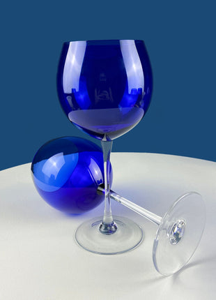 Cobalt Blue Crystal Wine Goblets with Clear Stems. Stunning Smooth Minimal Glasses with Tall Stems. Set of 6 Stemware. Dining Room Decor.