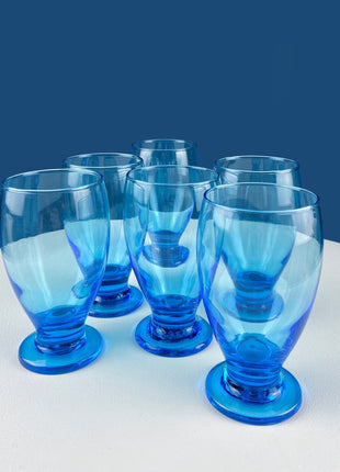 Modern Topaz Stemmed Tumblers. Set of Six Footed Juice Glasses. Blue Kitchen Decor. Dining Room Decor. Collectible Glasses. Wedding Gift.