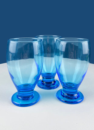 Modern Topaz Stemmed Tumblers. Set of Six Footed Juice Glasses. Blue Kitchen Decor. Dining Room Decor. Collectible Glasses. Wedding Gift.