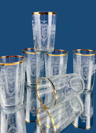 Vintage Etched Tumblers with Gold Rim. 5oz Collectible Juice Glasses. Set of 6. Dining Room Decor. Wedding Registry. Gift for Him Her.