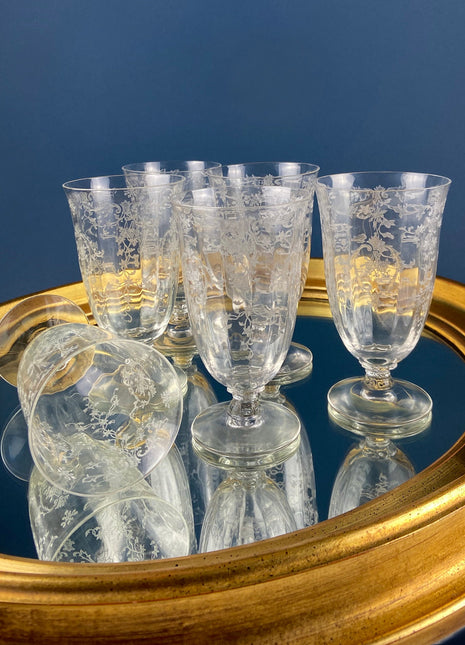 Vintage Fostoria Navarre Juice Water Goblets. Set of 6 Etched Crystal Glasses. Home Decor. Dining Room Decor. Collectible Glassware.