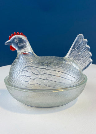 Vintage Clear Glass Butter Dish Shaped like Hen Sitting on Nest. Clear Glass Storage Jar with Lid. Bird with Red Comb. Dining Room Decor.