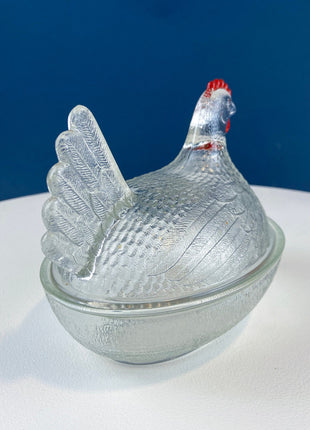 Vintage Clear Glass Butter Dish Shaped like Hen Sitting on Nest. Clear Glass Storage Jar with Lid. Bird with Red Comb. Dining Room Decor.