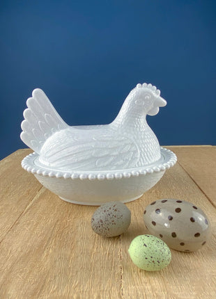 Vintage Clear Glass Butter Dish Shaped like Hen Sitting on Nest. Clear Glass Storage Jar with Lid. Bird with Red Comb. Dining Room Decor.